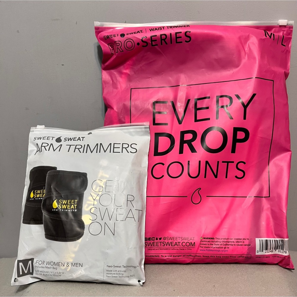 Sweet Sweat Pro-Series Waist Trimmer M/L and Arm Trimmers Med Bundle Pink Black